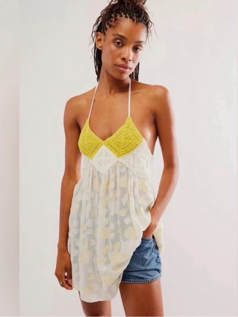 NWOT Free People Yellow Bell and White Crochet-Front Halter Summer Top S